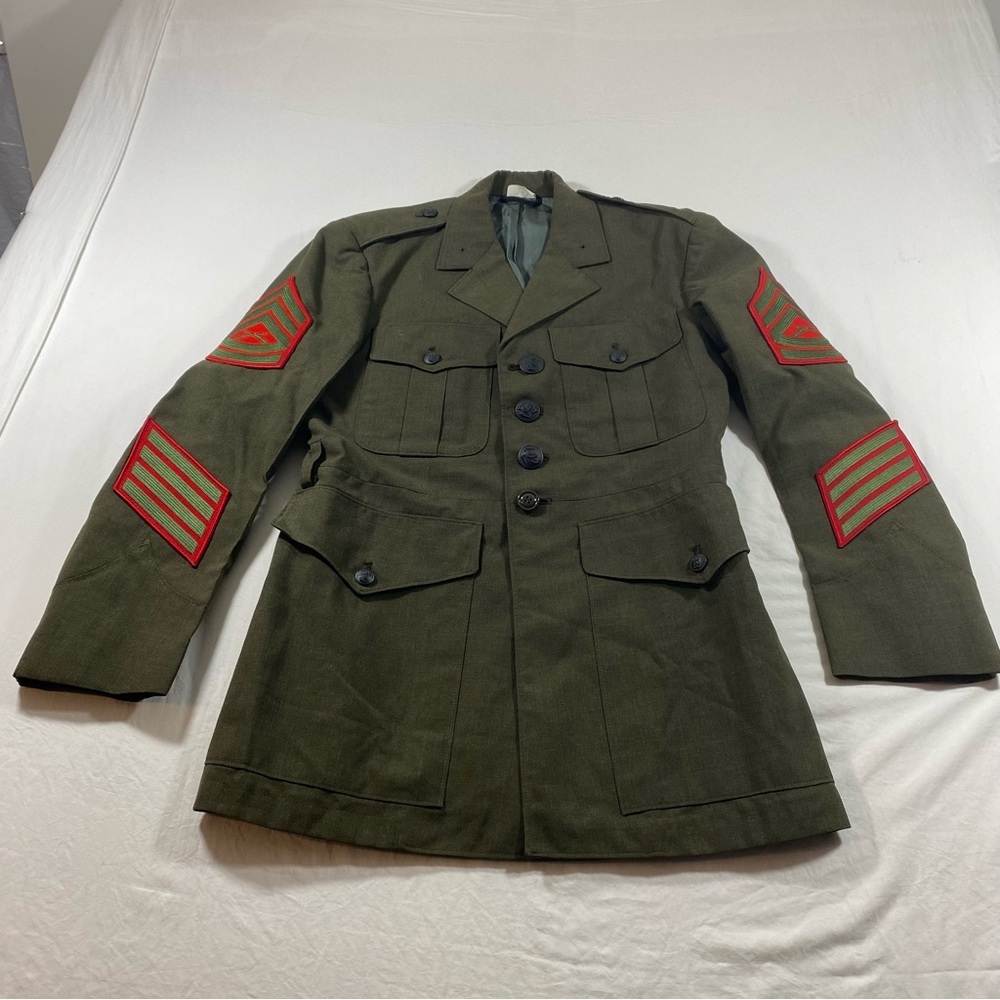 1980 Military USMC Sargent Pepper Army Green Jacket Button Down Pockets Patches